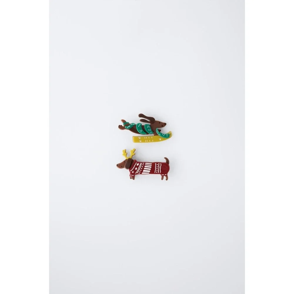ZARA 2pc Reindeer‎ Dachshund Hair Clips Acrylic Christmas Holiday Puppy Barrette